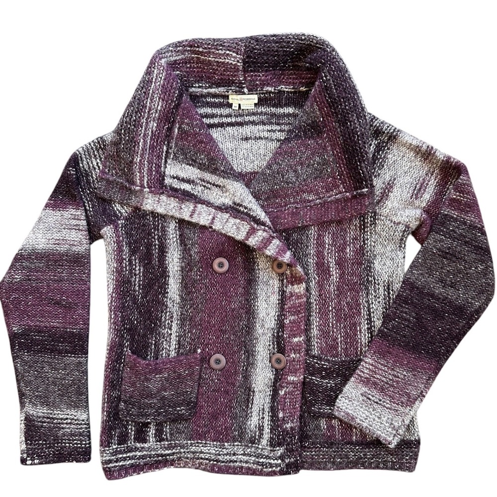 Royal Robbins Cardigan Sweater Womens Medium Purple Striped Wool Blend Excellent